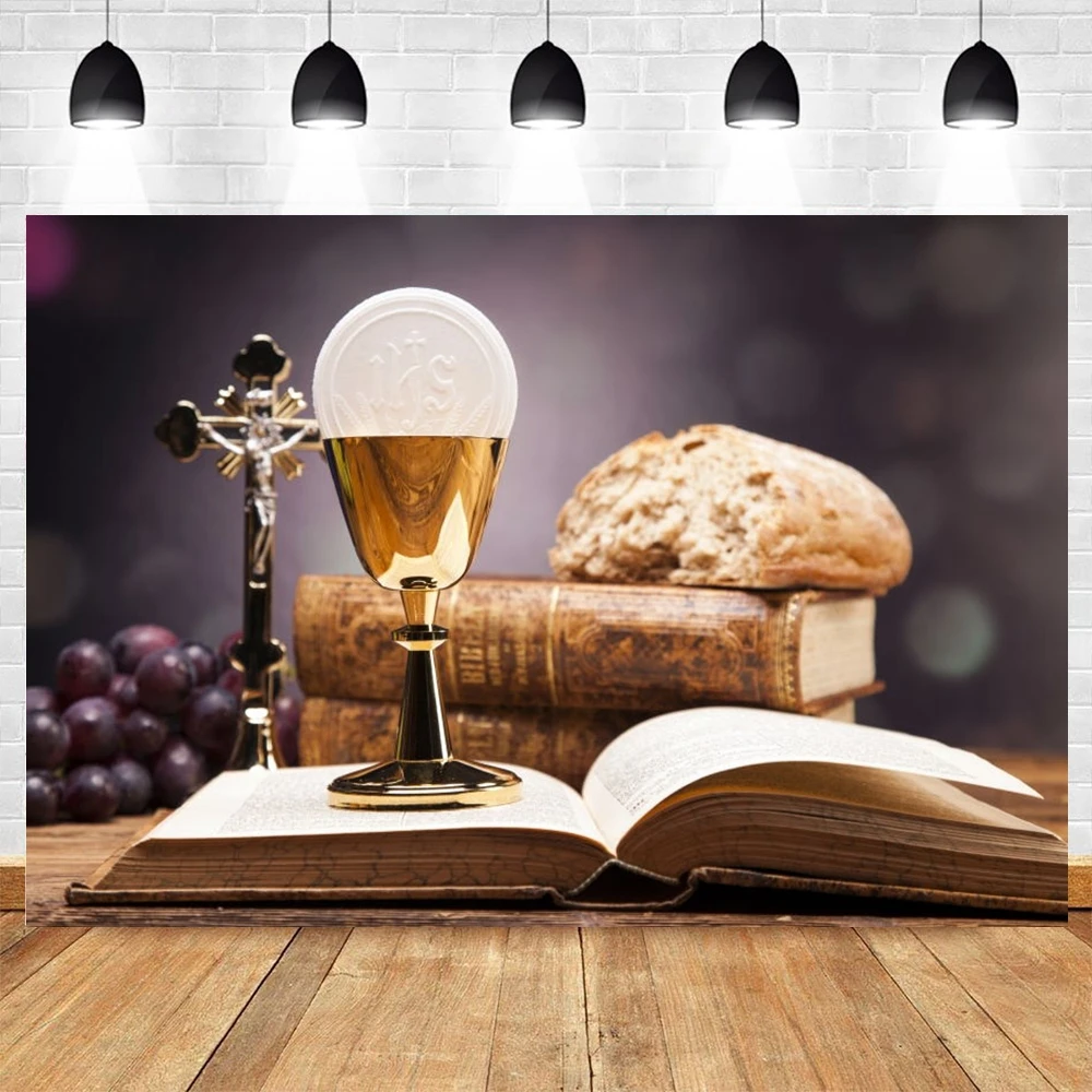 

Holy Communion Cup Cross Bible Christian Backdrop Jesus Bread Grapes Vinyl Photography Photo Background Photophone Photozone