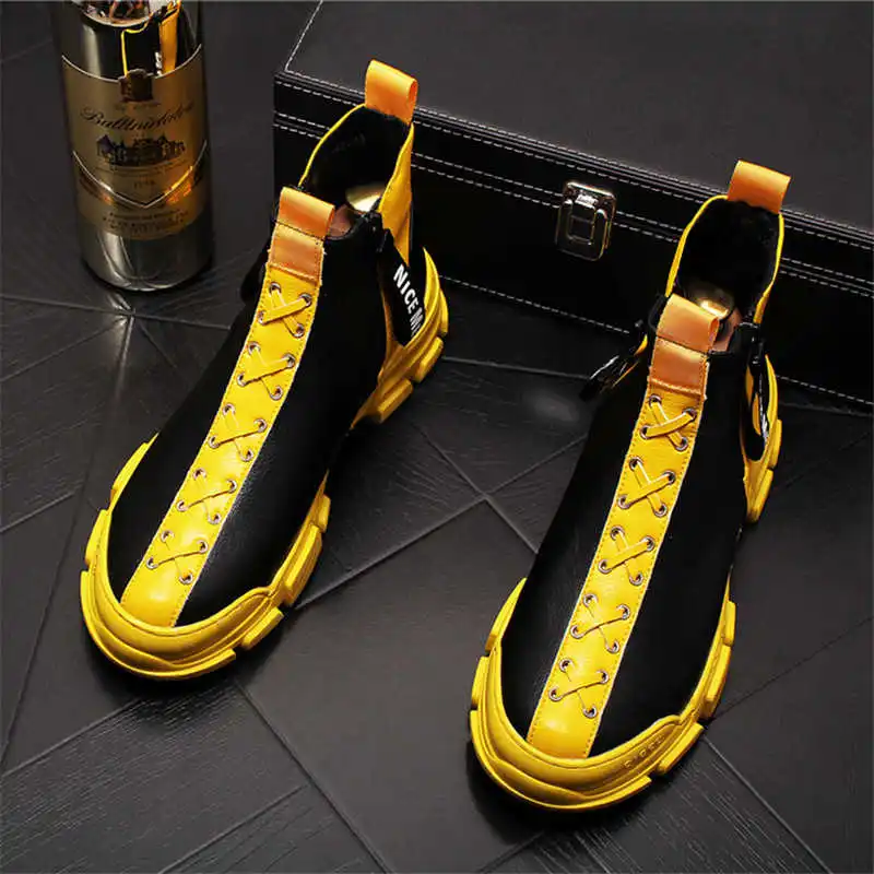 Jual Sepatu Kasual Bersirkulasi Atas Tinggi Pria Slip Kuning Sepatu Bot Pergelangan Kaki Ritsleting Flat Selebriti Web Hip Hop Zapatillas Hombre