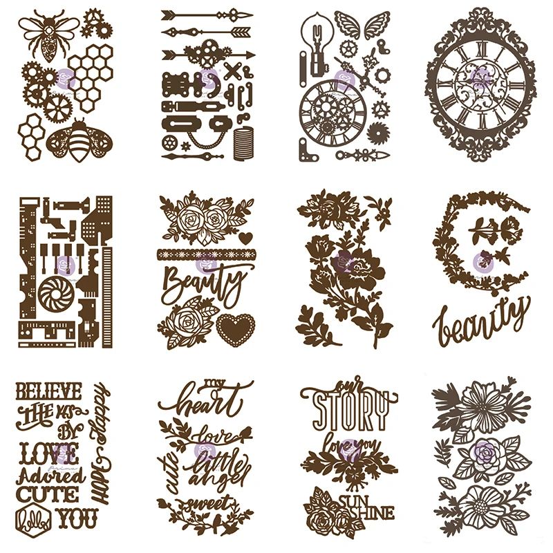 

Various Flower Bee Clock Letters New Metal Cutting Dies Scrapbook Diary Decoration Embossing Template Diy Greeting Card Handmade