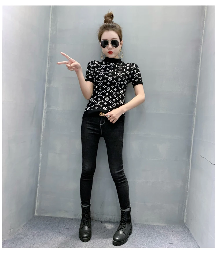 

Sweater 2021 Spring New Style European Goods Sweater Lettered Short Sleeve T-shirt Women's Korean-style Half-Turtle-Neck Sweater