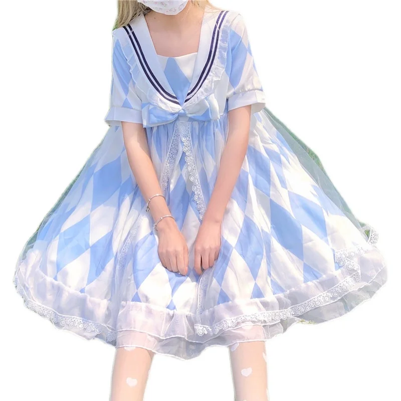

Lolita Op Dress Short Sleeve Summer Sky Blue Navy Collar Jk Loli Cosplay Harujuku Gothic Kawaii Sweet Girls Tea Party Vintage