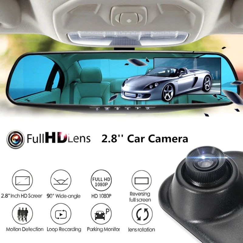 HD 1080P Car Dvr 2.8 Inch LCD Display Screen Rear View Camera Mirror Digital Video Recorder Microphone Night Vision Camcorder