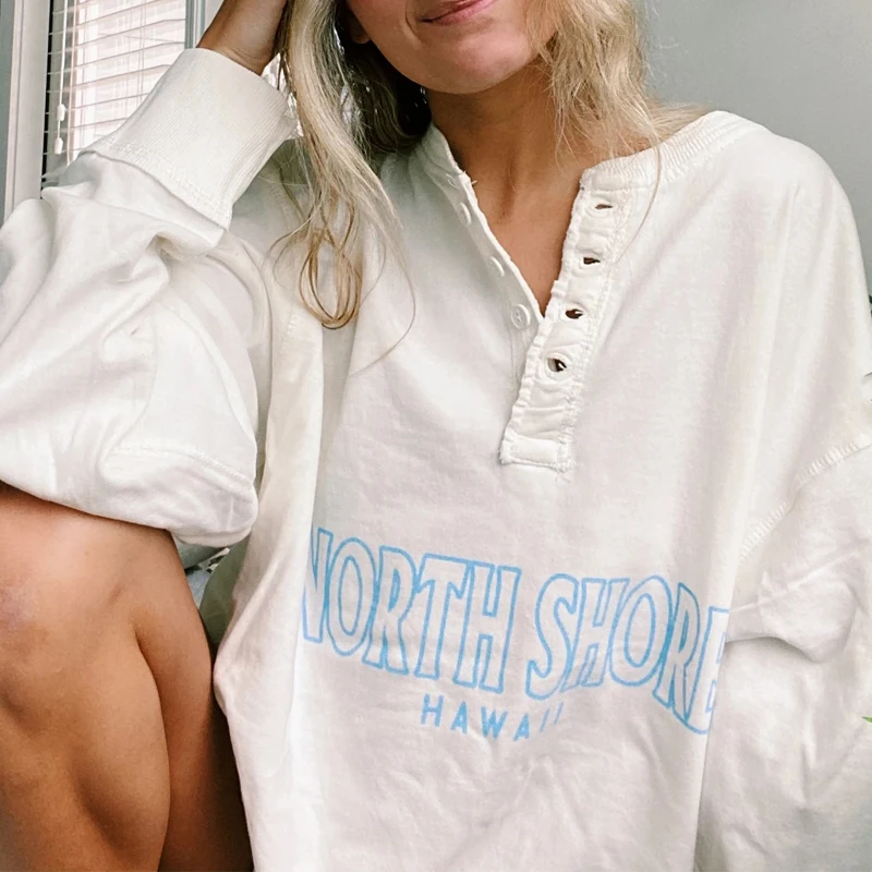 

Spring Button Loose T-Shirt Fashion Casual Women T-shirt Letter Print Top Tee Streetwear White Long Sleeve T-shirt Women Clothes