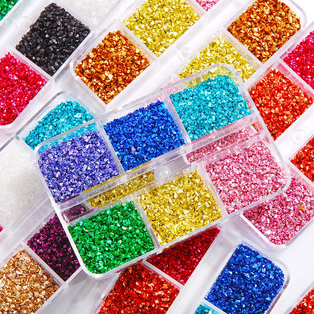 

6Colors Crushed Glass 2-5mm Irregular Glitter Metallic Chips Sprinkles Glass Mini Crushed Gem Stones For Manicure Nail DIY Craft