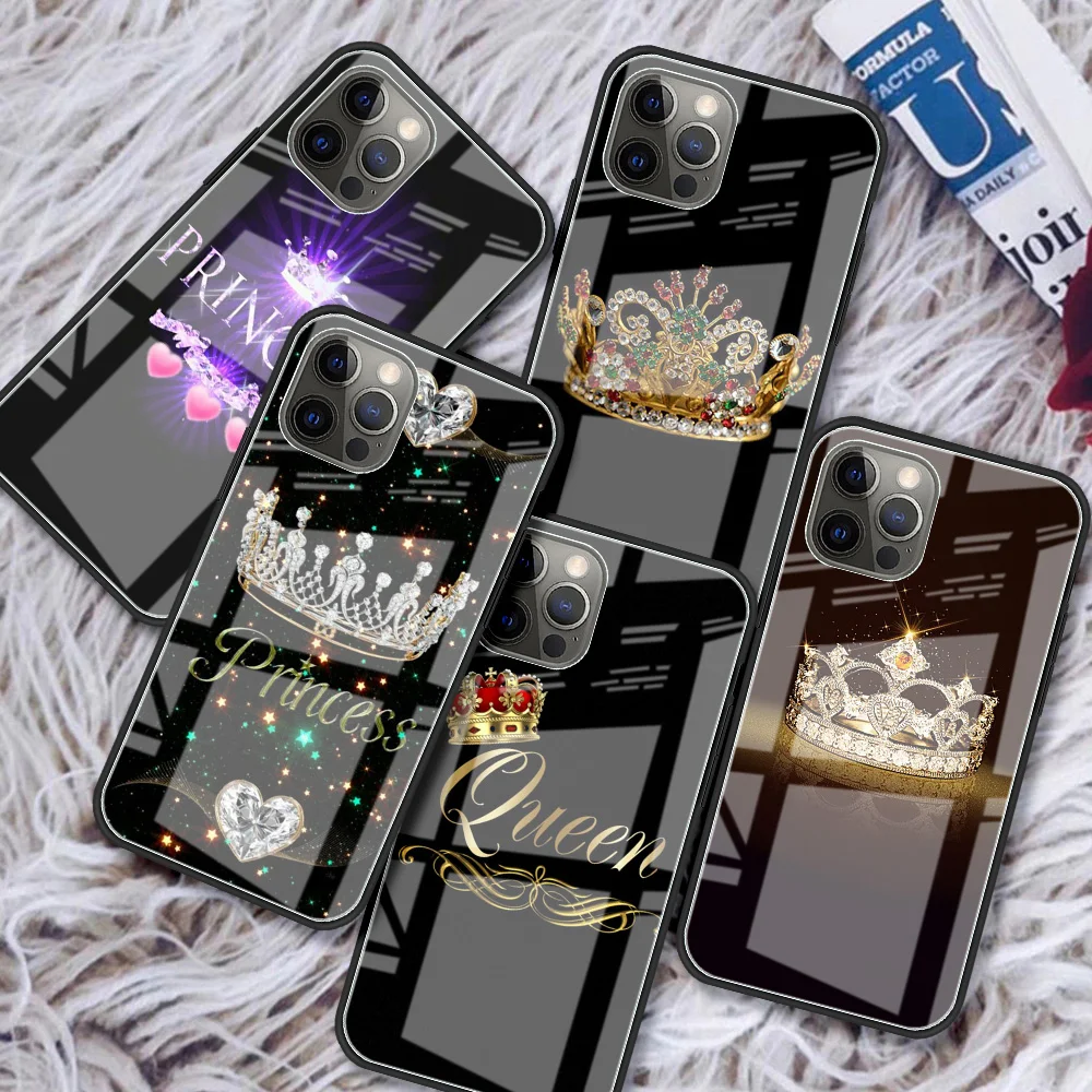 

Diamond Crown Printing Glass Case For iPhone 11 13 12 14 Pro XR X XS Max 7 8 6 6S Plus SE 2020 Tempered Black Edge Phone Covers