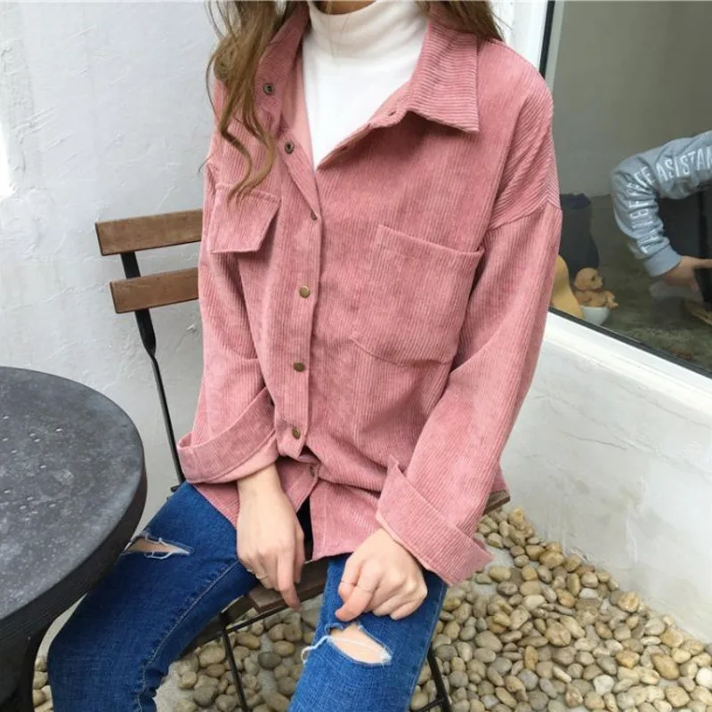 

New Shirt 2021 Autumn New Ins Loose And Versatile Corduroy Shirt Women's Solid Color Casual Long Sleeve Shirt Coat