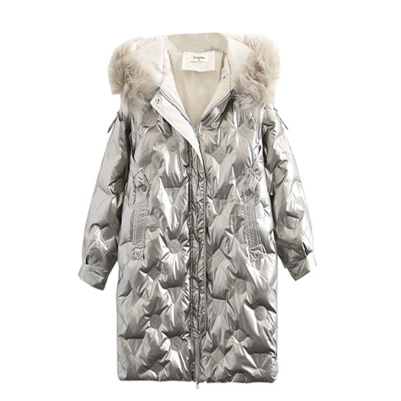 

New Winter Women's Long Down Coats Glossy Waterproof Overcoats Large Size Lady White Duck Down Parkas Big Fur Collar Female
