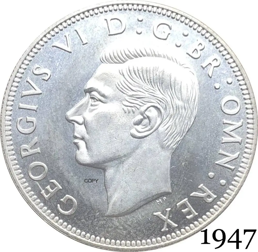 

United Kingdom 1947 KG 1/2 Half Crown King George VI Left Sixth Great Britain British HP Silver Plated Copy Coin Reeded Edge