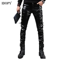 idopy mens pleather pants punk style skinny lace up party stage performance night club steampunk faux pu leather trousers