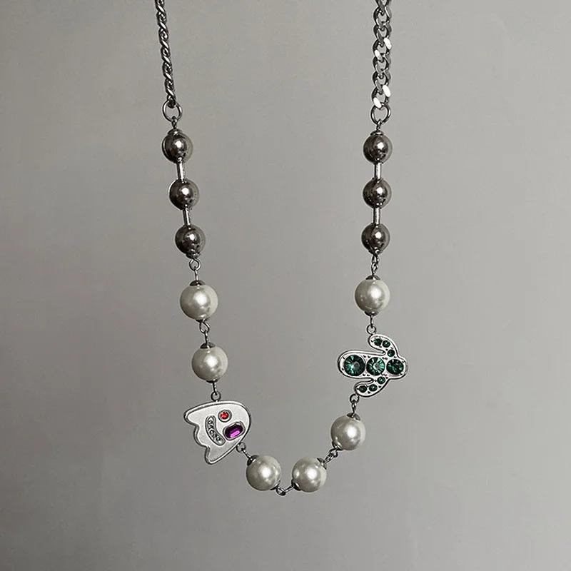 

Origin Summer Hiphop Asymmetric Devil Cactus Pendant Necklace for Women Girls Rhinestone Round Bead Chain Necklace Jewelry