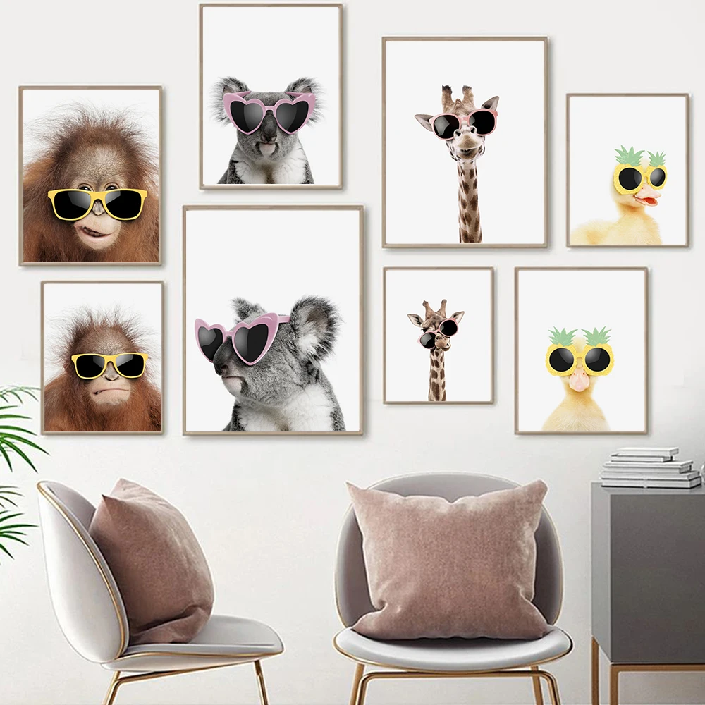 

Funny Animals With Glasses Poster Monkey Giraffe Koala Duck Canvas Painting Nordic Wall Art Picture Baby Nursery Kids Room Decor