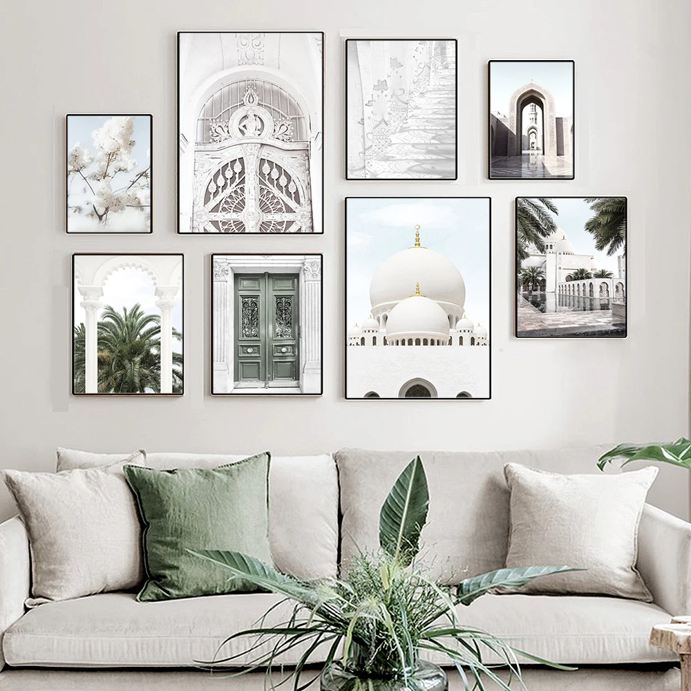 

Islamic Muslim Mosque Architecture Canvas Print Painting Moroccan Arch Gate White Flowers Poster Casablanca Palace Picture Decor