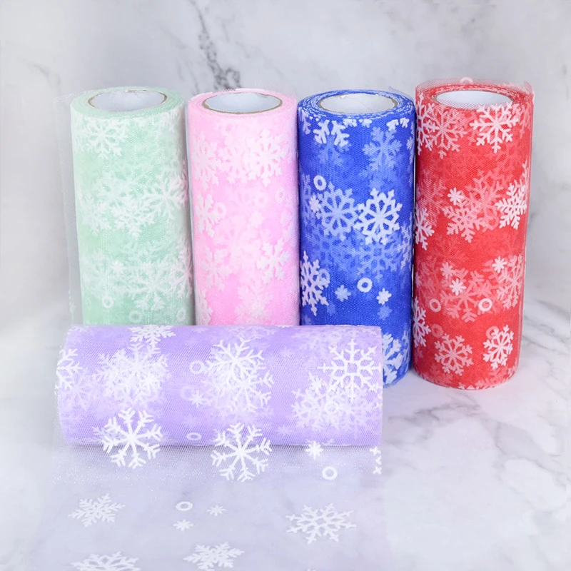 

15cmX10yards Snowflake Printed Flocking Organza Tulle Rolls for Christmas Decor Frozen Party Tutu Skirt Wedding Dress Supplies