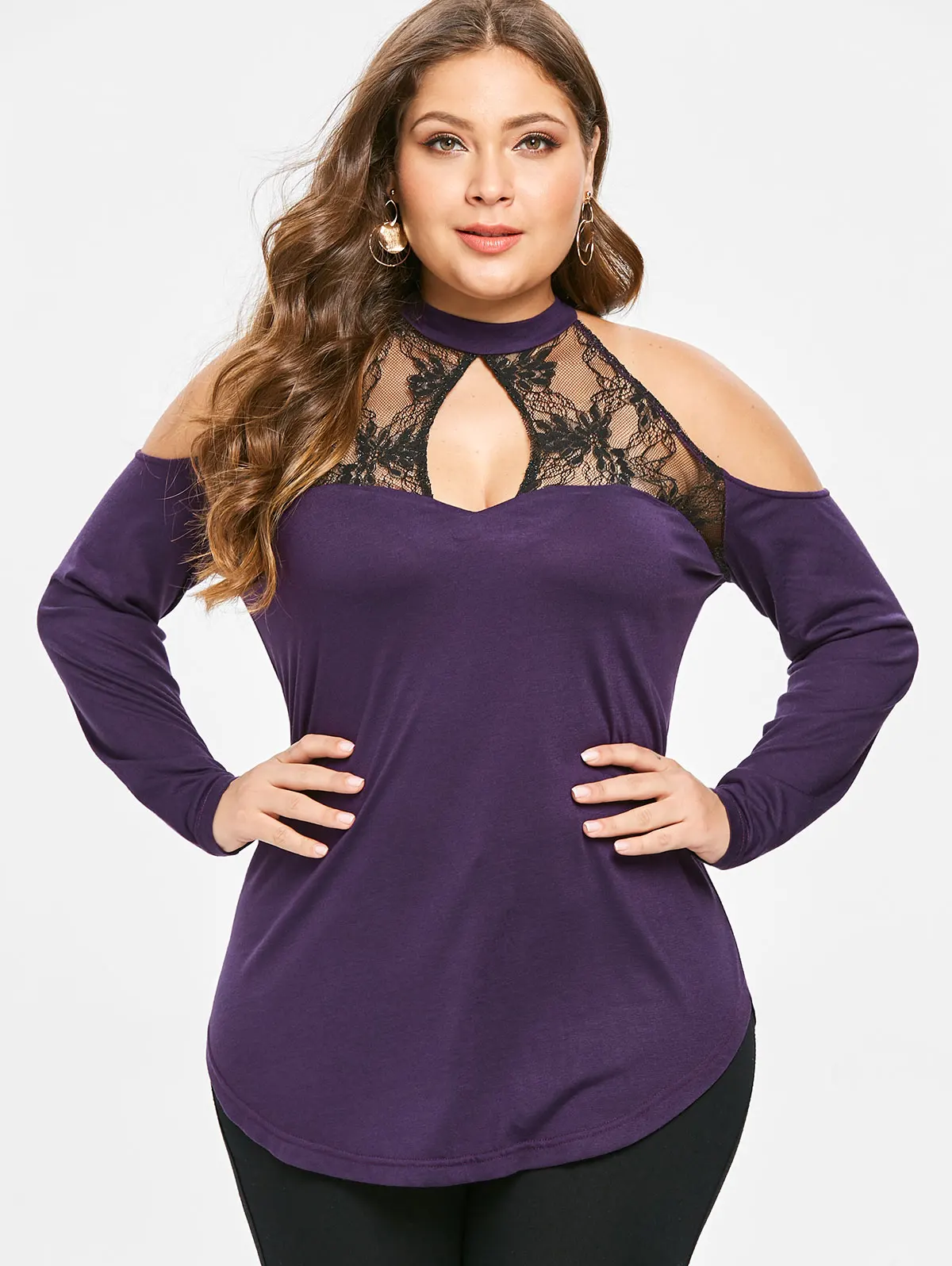 ROSEGAL плюс размер кружевная панель вырез макет шеи Тройник с длинными рукавами