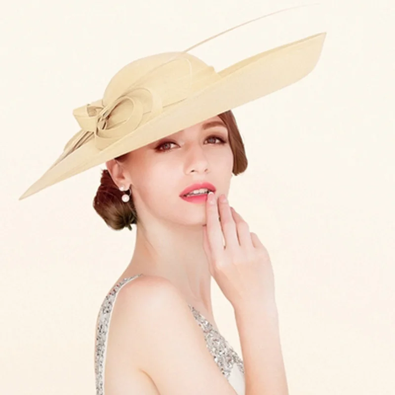 Champagne Hat FS вуалетки с большими полями Кентукки Дерби шляпа Королевские Свадебные шляпы элегантные женские платья для церкви Леди Черный Красный Чай Вечерние Fedora - Цвет: Champagne Hat
