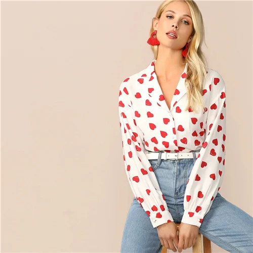 Multicolor Dotfashion, повседневная желтая блузка с принтом сердца, женская рубашка, осень, на пуговицах, v-образный вырез, блузки для девушек, отделка, милый топ - Цвет: Multicolor