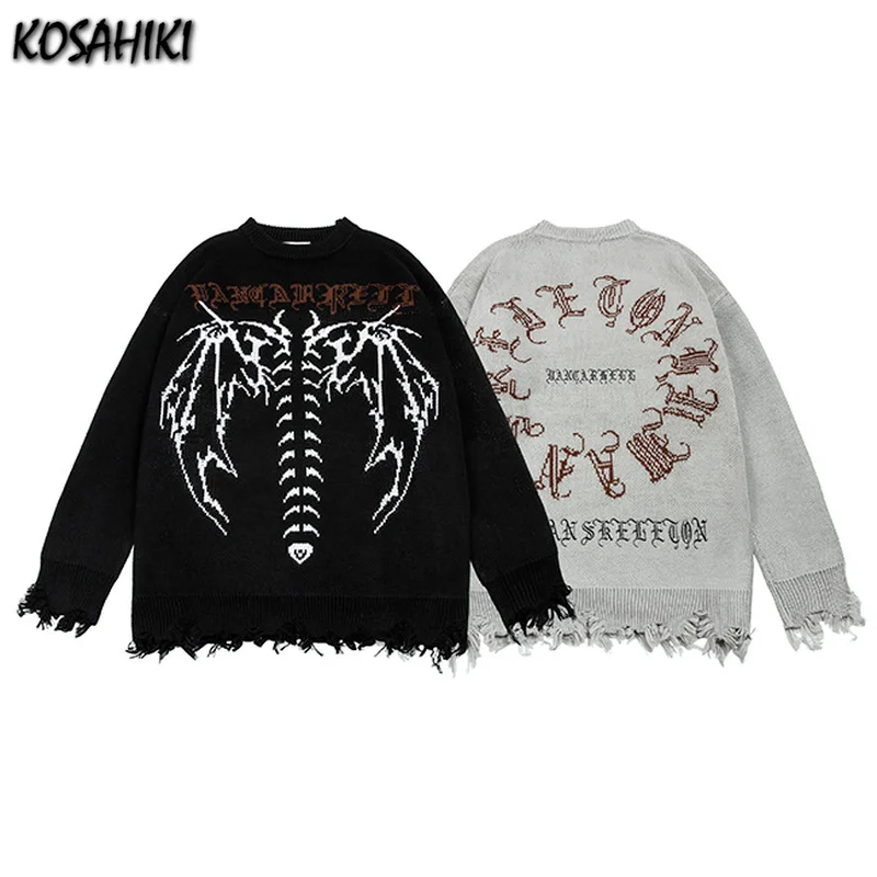 

Harajuku Streetwear Skull Print Ripped Knitted Pullover Sweaters Women Men Clothes Casual Hip Hop Knitwear Tops 2021