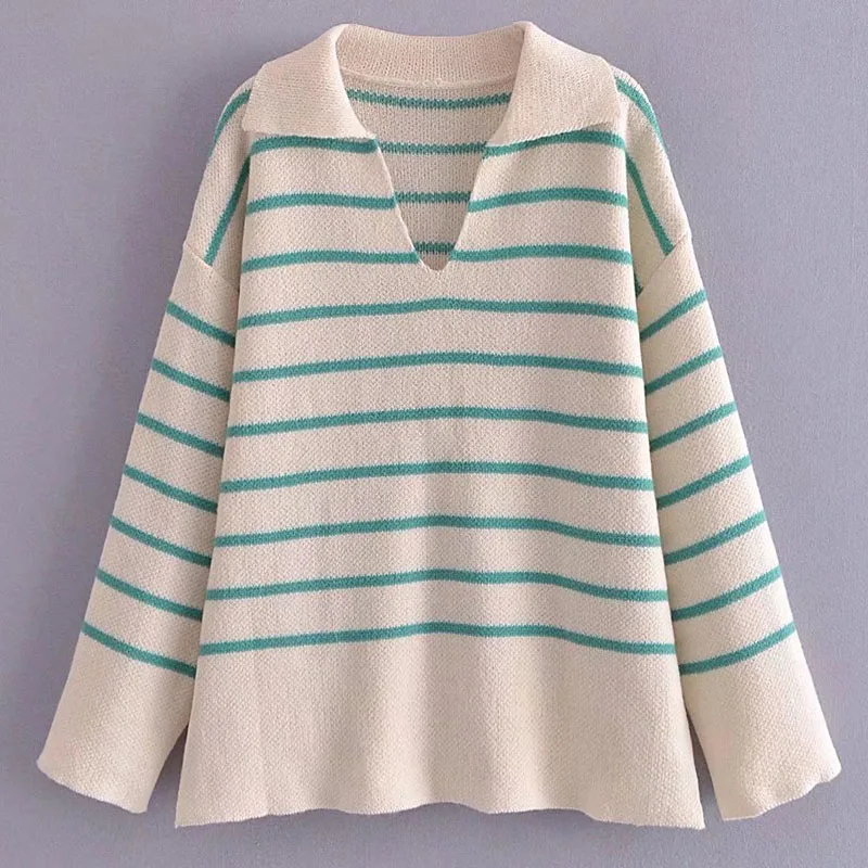 

Женский полосатый вязаный свитер Za, элегантный пуловер с длинным рукавом и воротником с лацканами, зима 2021