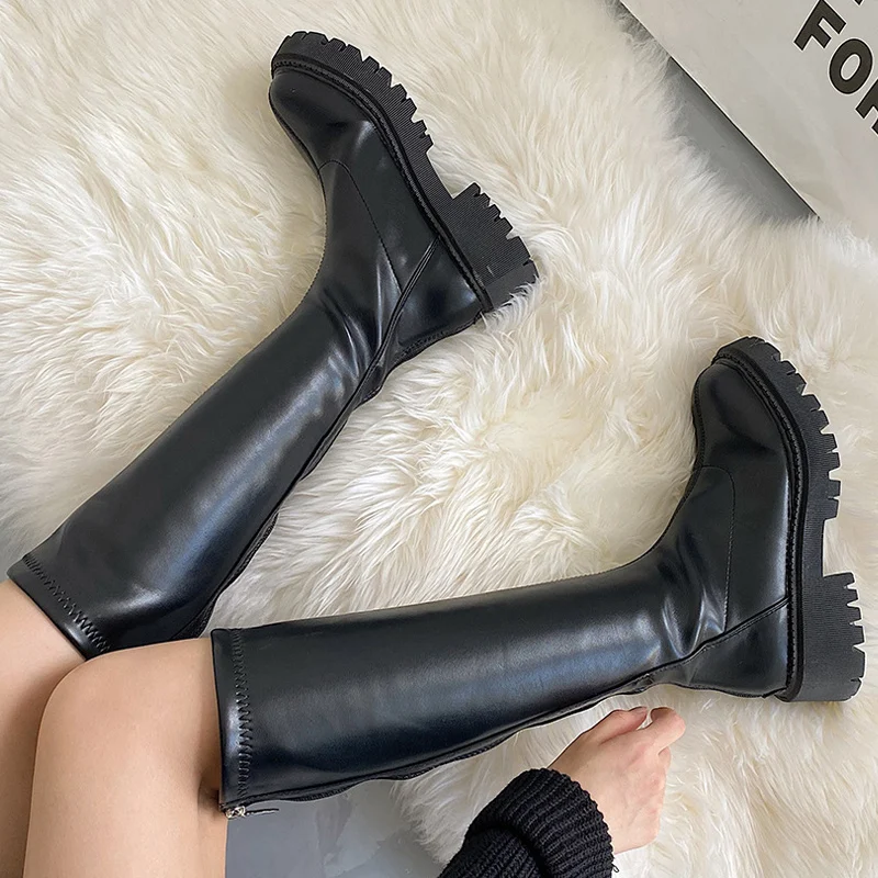 Женские сапоги на толстой подошве высокие выше колена в британском стиле ретро