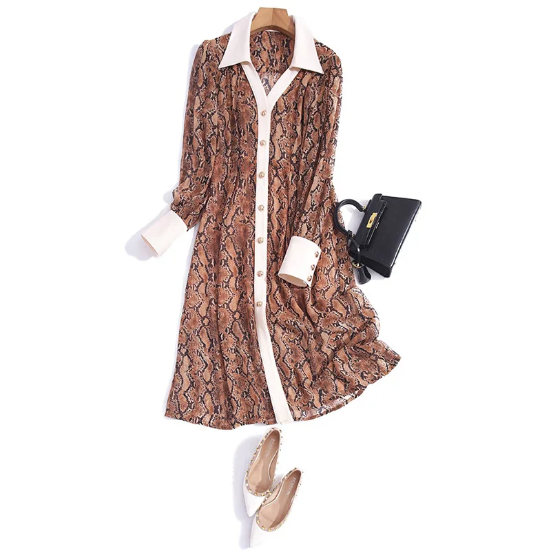 

2021 new European and American women's personal temperament collar single breasted Leopard Print Long Sleeve slim dress