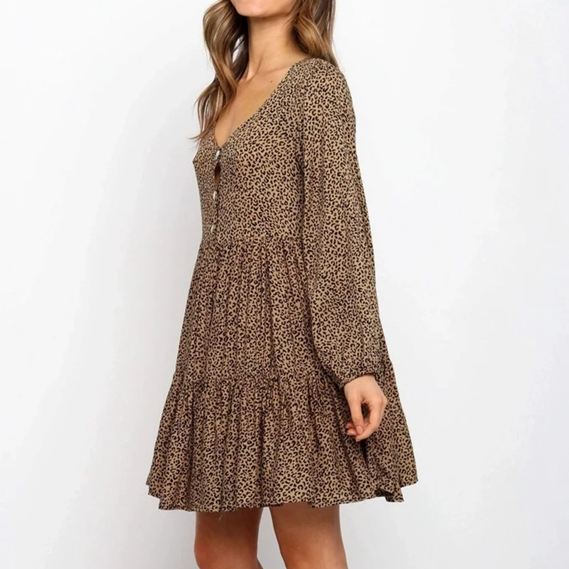 

Spring Autumn Ladies V Neck Leopard Dresses Buttons Long Sleeve Mini Dress Women Ruffles Loose A Line Dress