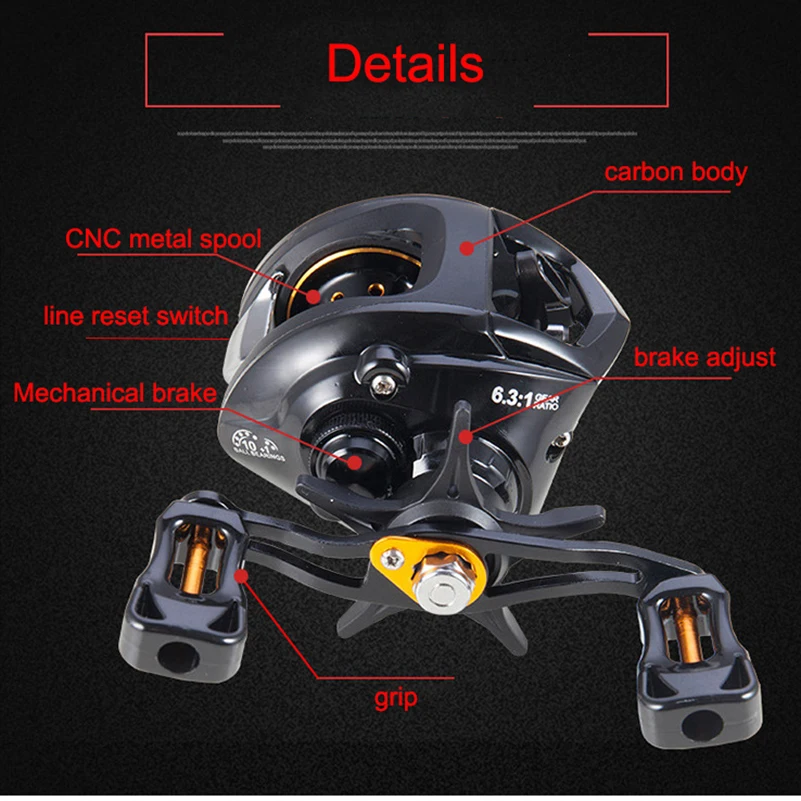 

Carbon Baitcasting Fishing Reel metal spool brake 10kg 6.3:1 Lure Reel 10+1BB Fresh Salt Water Bait Casting reel
