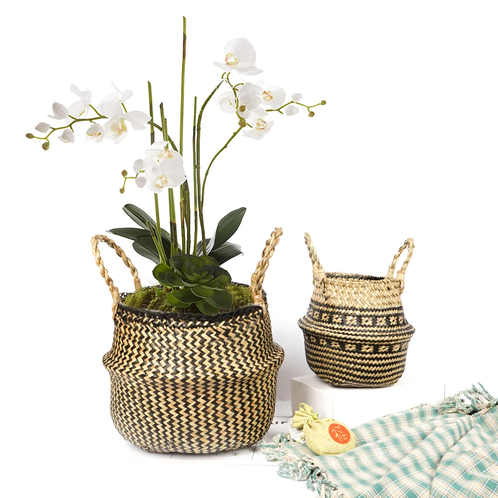 

Wicker Baskets Storage Plant Pot Rattan Woven Handmade Folding Organizer Laundry Basket with Handles Seagrass Plant Basket