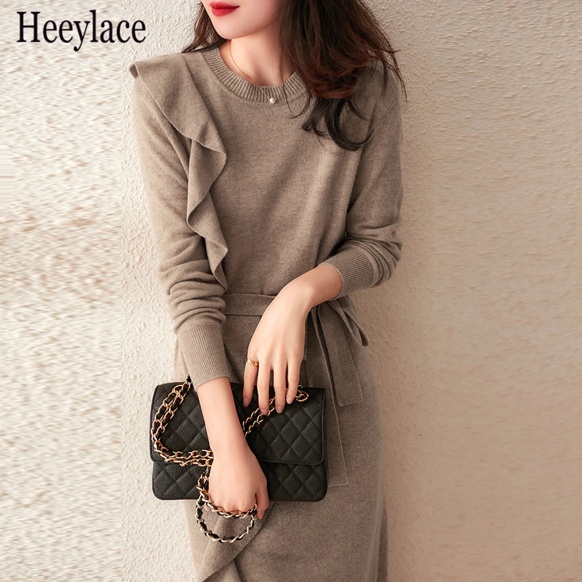 

Осенние женские вязаные бандажные платья с длинным рукавом, офисное женское элегантное платье с оборками