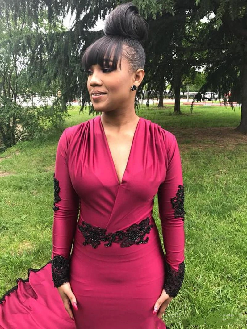 

YiMinpwp Dark Red Mermaid Prom Dresses V Neck Long Sleeve Sweep Train Applique Formal Evening Party Gowns Special Occasion Dress