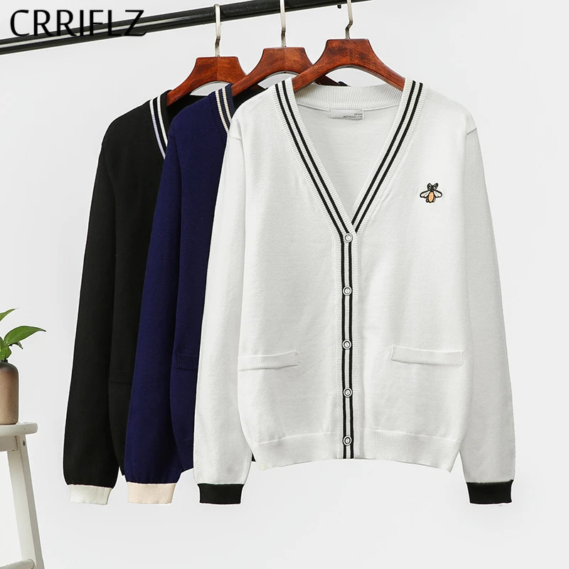 Autumn Winter Little Bee Embroidery Knitted Cardigans Sweater Women Japan Style V-neck Sweet Knitting Top 2020 New CRRIFLZ |