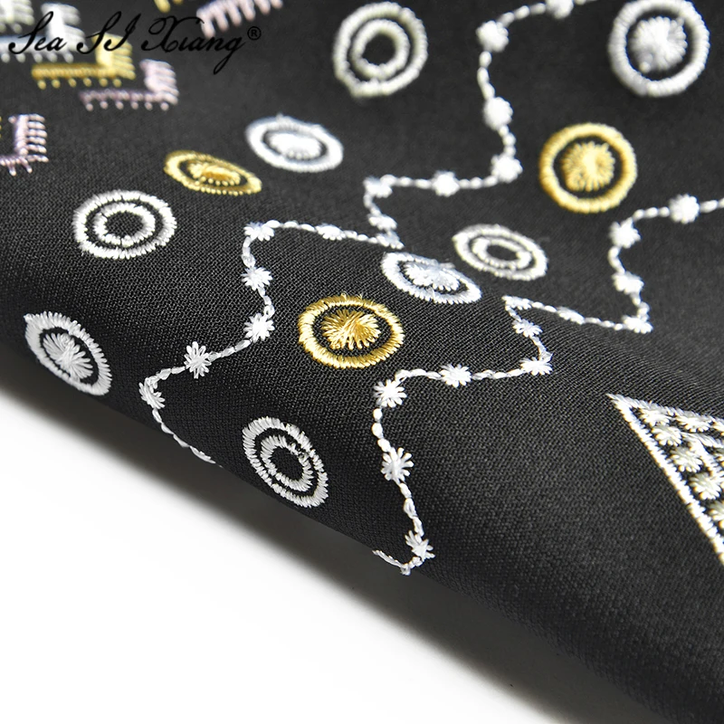

Seasixiang Fashion Designer Spring Dress Women's Turn-down Collar Cloak Sleeves Embroidery Sashes Vintage Dresses