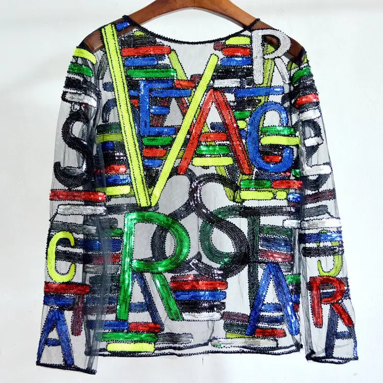 

Autumn Letters Embroidery Sequined Mesh Spliced Blouses Beaded Perspective Mesh Long-sleeved Lace Shirt Crop Tops Streetwear