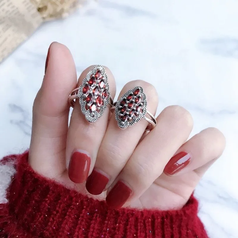 925 Silver Ring Korean Fashion Red Garnet Zirconium Women's Adjustable Rhombus | Украшения и аксессуары
