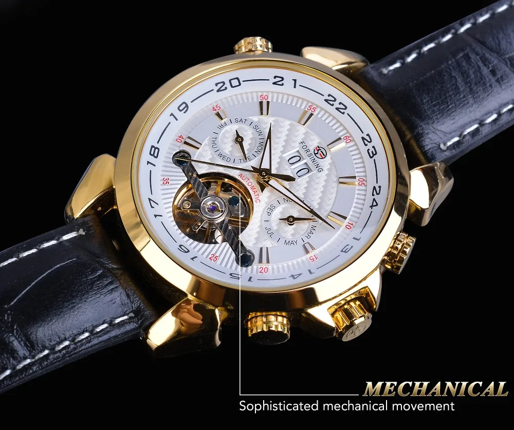 Forsining автоматические механические мужские часы модные золотые Tourbillon Moonphase Дата натуральная кожа Бизнес Спорт Montre Homme