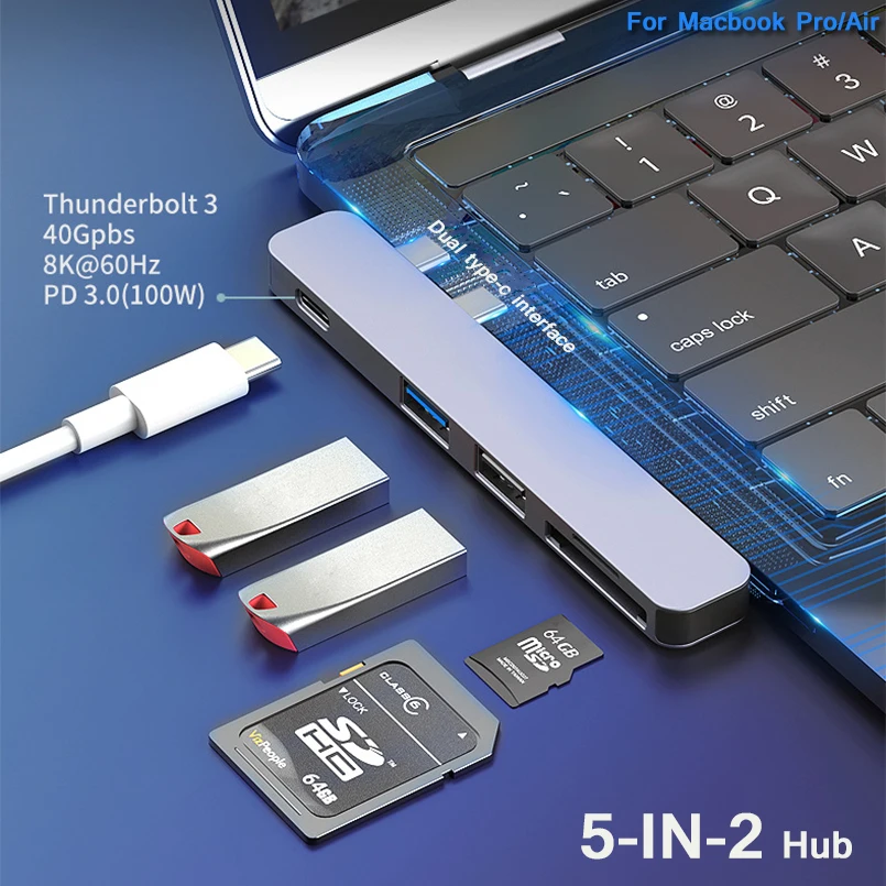 

USB Type C HUB Dual USB-C to USB3.0 PD 3.0 SD TF Card Reader for MacBook Pro Air Adapter Thunderbolt 3 Dock USB C 3.1 Type-C HUB
