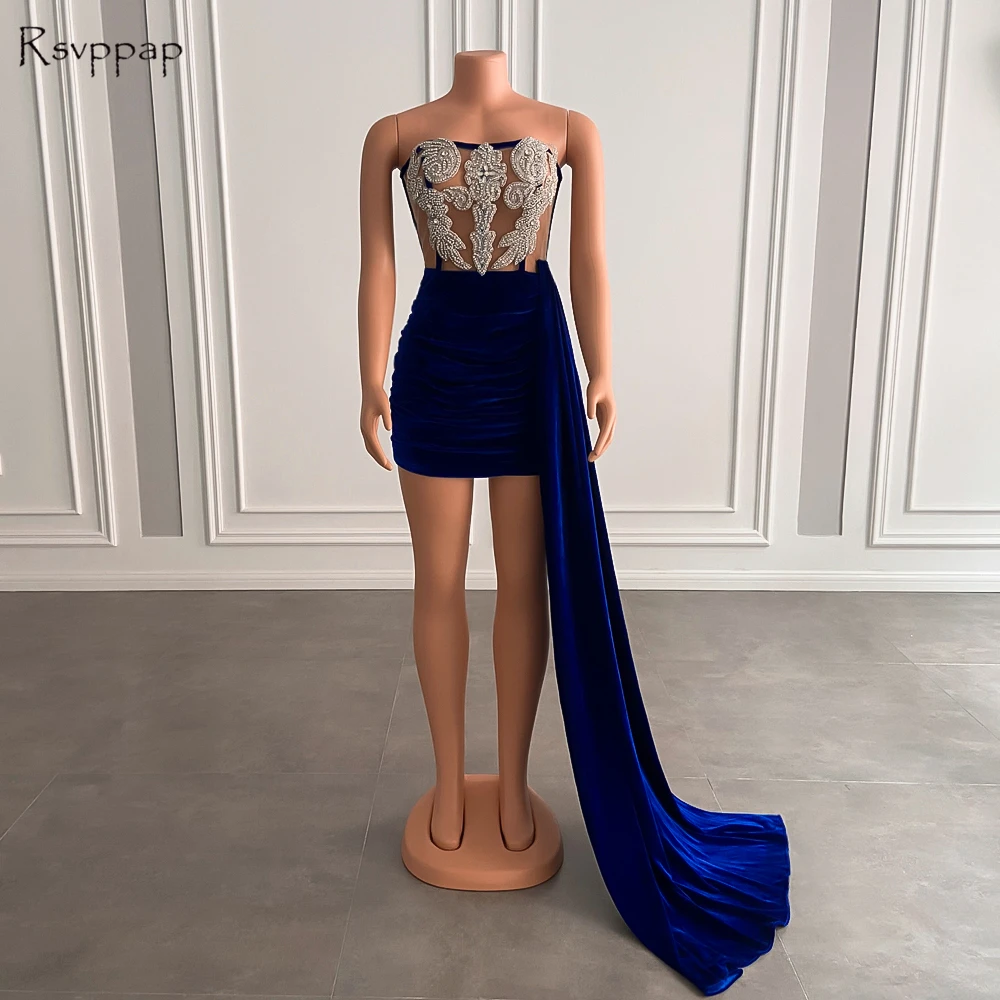 Real Picture High Low Short Prom Dresses 2022 Luxury Crystals Royal Blue African Black Girls Velvet Prom Party Dress