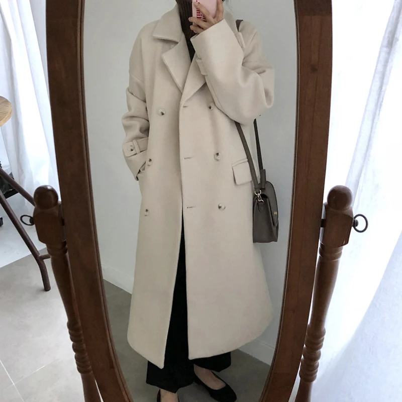 

Korean-Style Loose Double Breasted Wool Coat Autumn Winter Solid Color Women's Trench Coat Chic Fashion Women Clothing