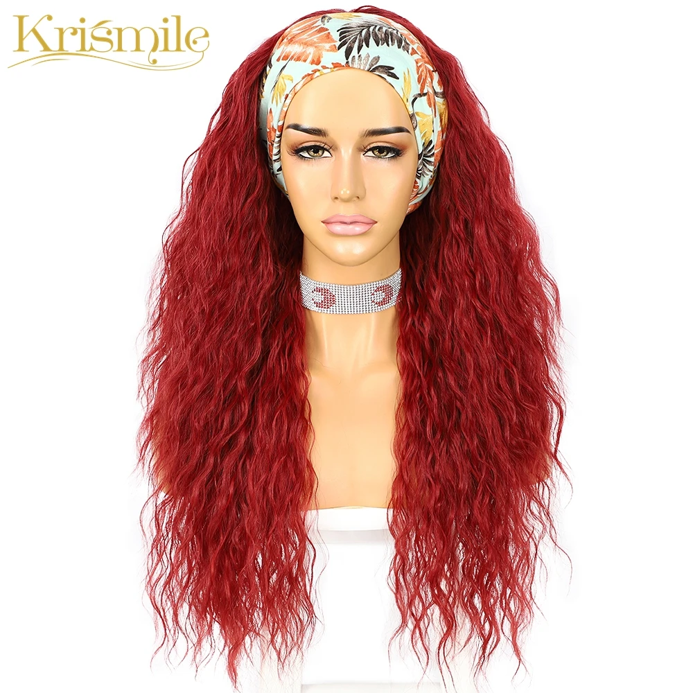 

Krismile Kinky Curly Headband Red Wig Long Daily Party Travel Holidays No Gel Glueless Wig for Women Drag Queen 2 Free Bands