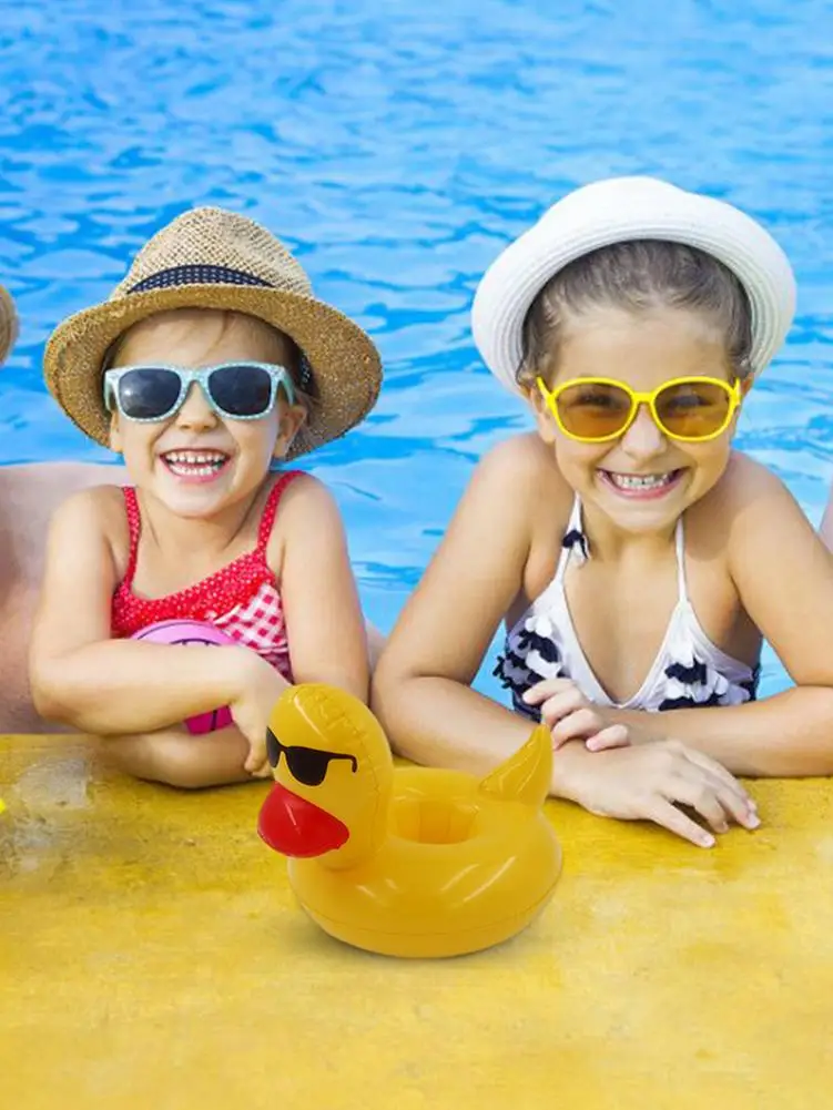 Monopat&iacute;n de pato amarillo para piscina, portavasos inflable flotante para bebidas, gafas de sol de verano-4