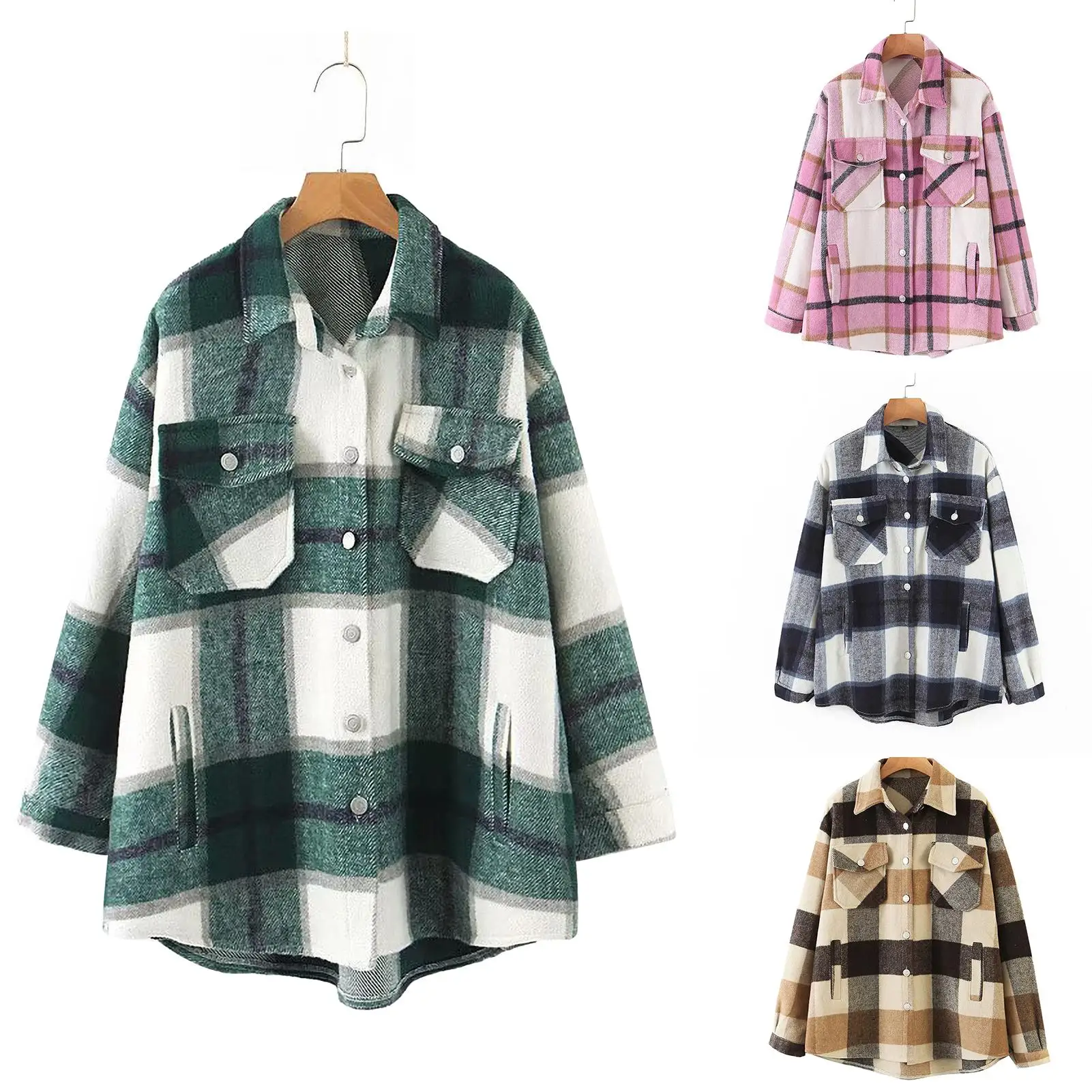 

Women High Quality Turn-down Collar Breasted Polo Shirt Chest Pocket Long-Sleeved Polo Shirt Cotton Plaid Button-up Shirt Coat