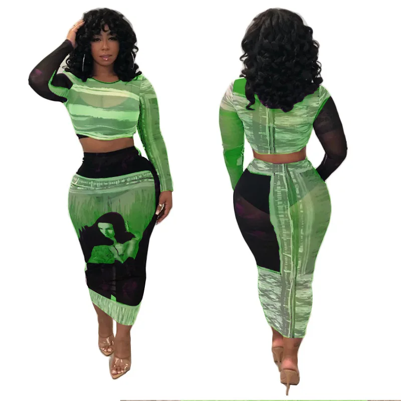 

Solid Color Graphic Print Long Sleeves Shirt & Mesh Skirt Sexy Style Summer Women Suit European and American Two Pieces Set