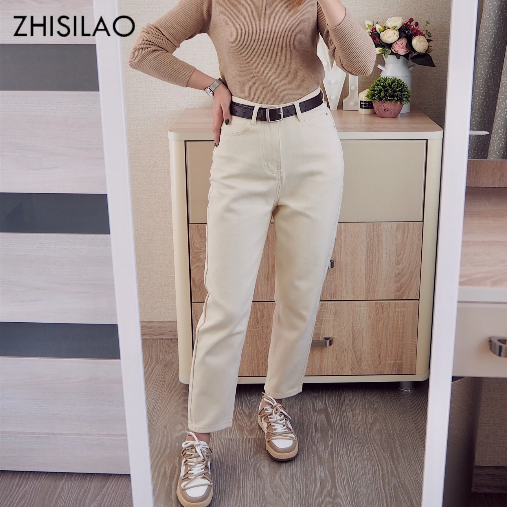 ZHISILAO Straight Jeans Women with Belt Vintage Basic Blue Ankle-length Denim Pants Boyfriend Gray Jeans Korean 2021 images - 6