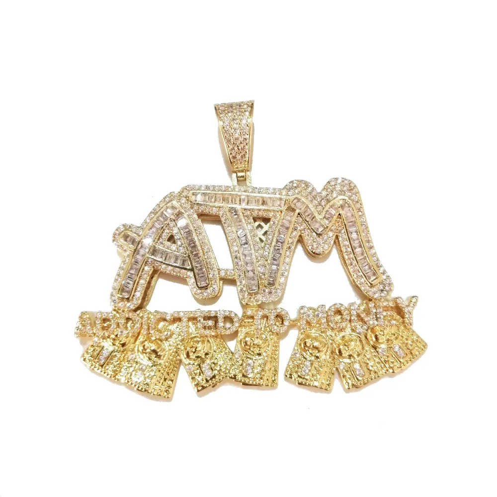 Iced Out буквы ATM увлекается денежный кулон ожерелья 2 цвета AAA Циркон мужские хип хоп Ювелирные изделия Подарки - Окраска металла: Золотой цвет