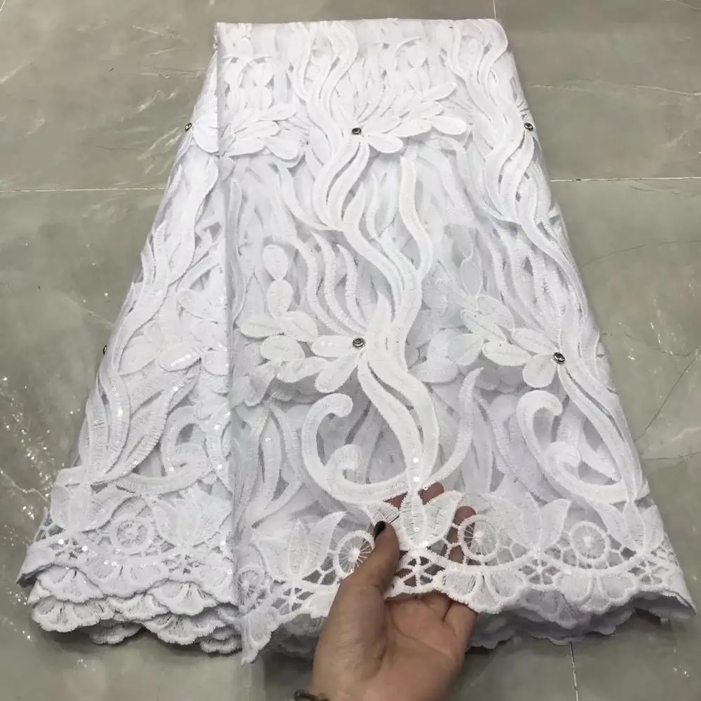 

Latest PURE WHITE African Embroidery Tulle Lace Fabric 2020 High Quality French Milk Silk Lace Fabric With Big Stones 5 Yards