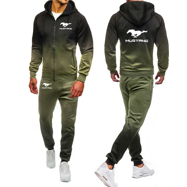 

Men's hoodie Mustang Car Logo Printing Spring Autumn Gradient Casual Cotton High quality Men's jacket hoodie pants 2Pcs suit