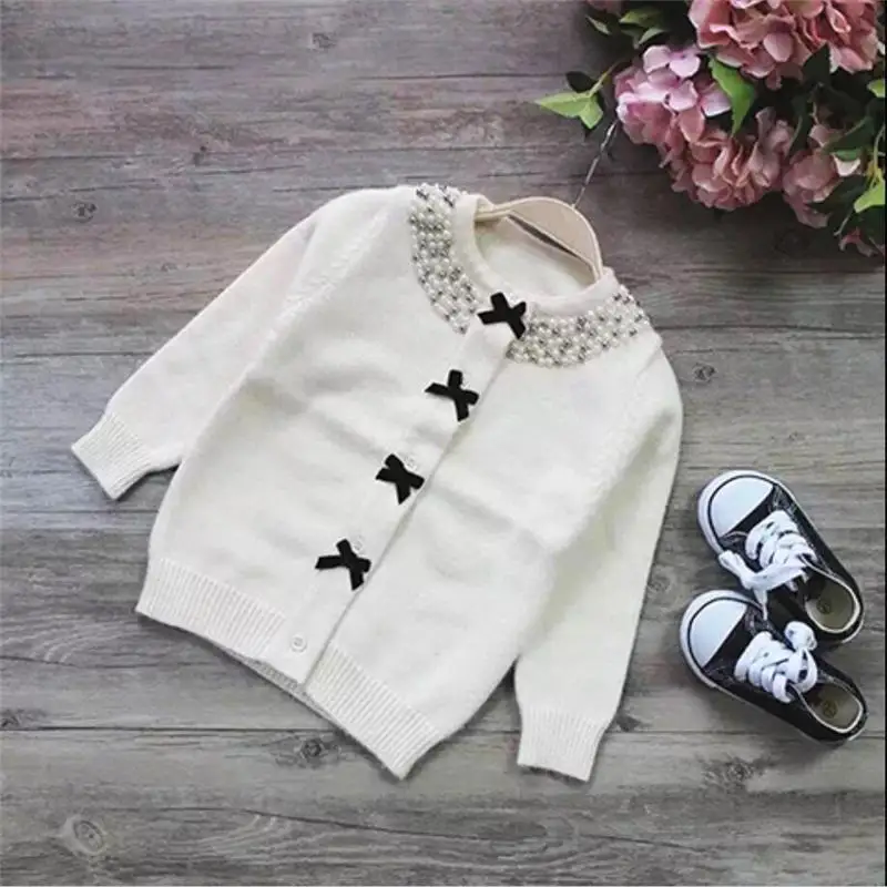 

2020 Autumn Winter Christmas Coat For Girls Sweater Kids Cardigan Woolen Children Sweater Knitted Bow Pearl Girls Clothes K187