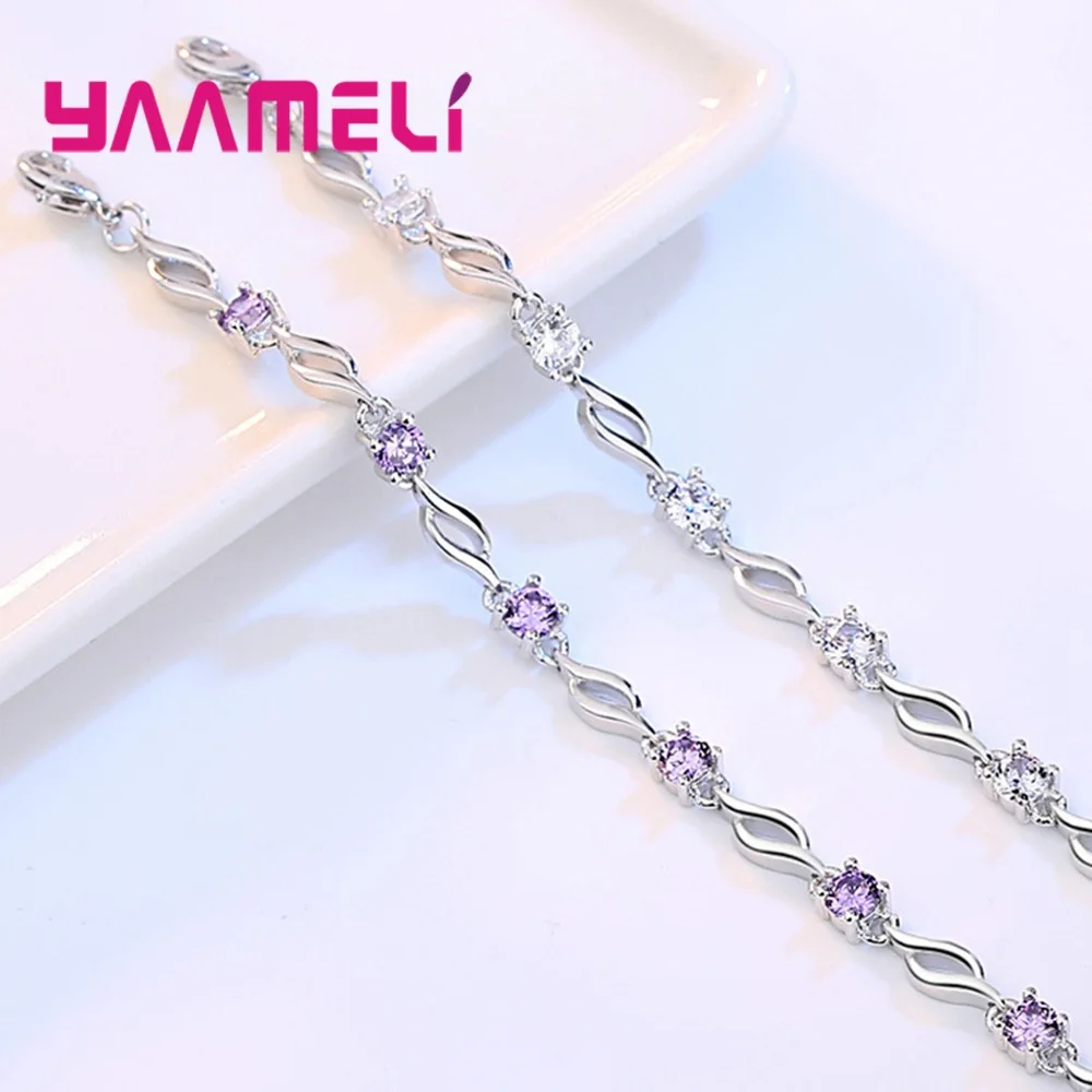 New Purple White Zircon Engagement Jewelry for Women Female 925 Sterling Silver Link Chain Bracelets Bangles Graceful Design | Украшения и