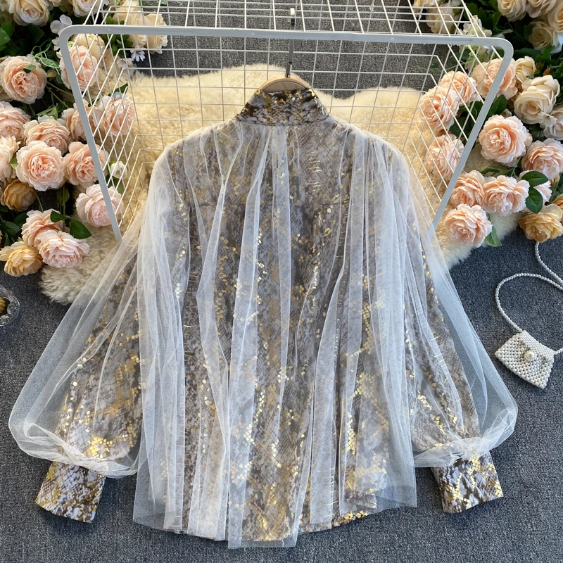

Bow 2021 Spring Snake Print Fashion Vintage Blusas Mujer Mesh Korean Long Sleeve Blouse Women Tops Ins Shirts