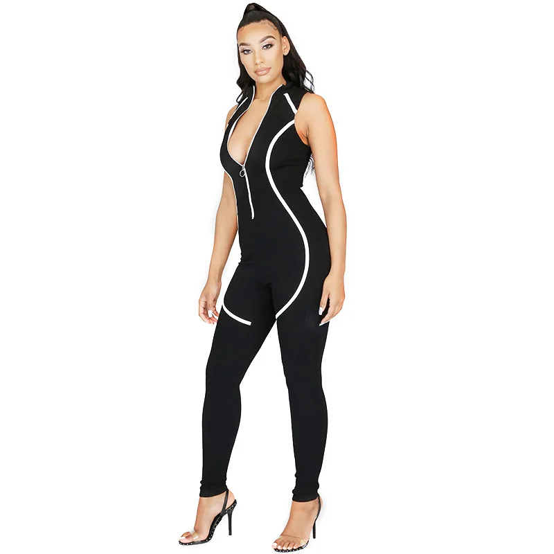 

Zipper Jumpsuit Striped Sleeveless Black Suit Hip-Lifting Tight Running Femme Sleeveless Workout Yoga Bodysuit Women Sportswear