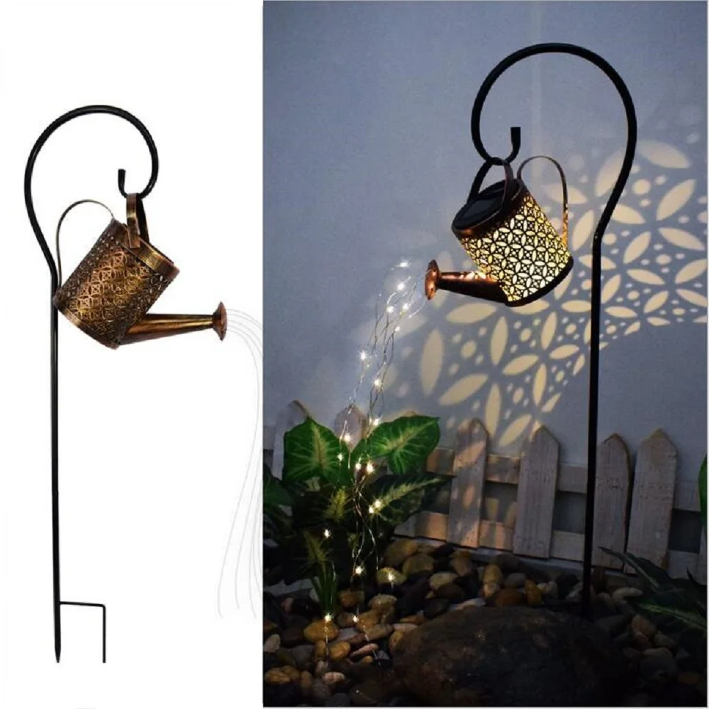 

Solar Watering Sprinkler Kettle Shower Can String Lights Garden Art Metal Iron Waterproof Landscape Fairylight Lamps Décor